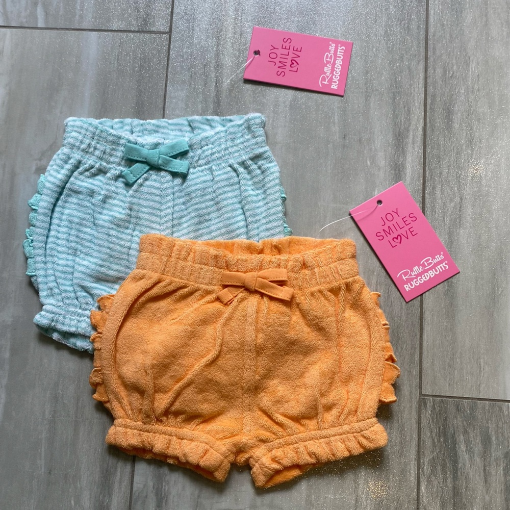 NWT RuffleButts Colorful Melon and Aqua Stripe Terry Bubble Shorts Bundle, 0-3M